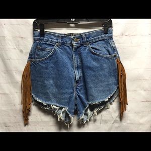 ISO Jean Shorts with brown leather fringe on outside seam